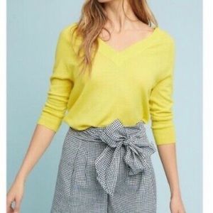 Anthropologie Moth Merino Wool Bright Yellow V-Neck Fine Sweater
